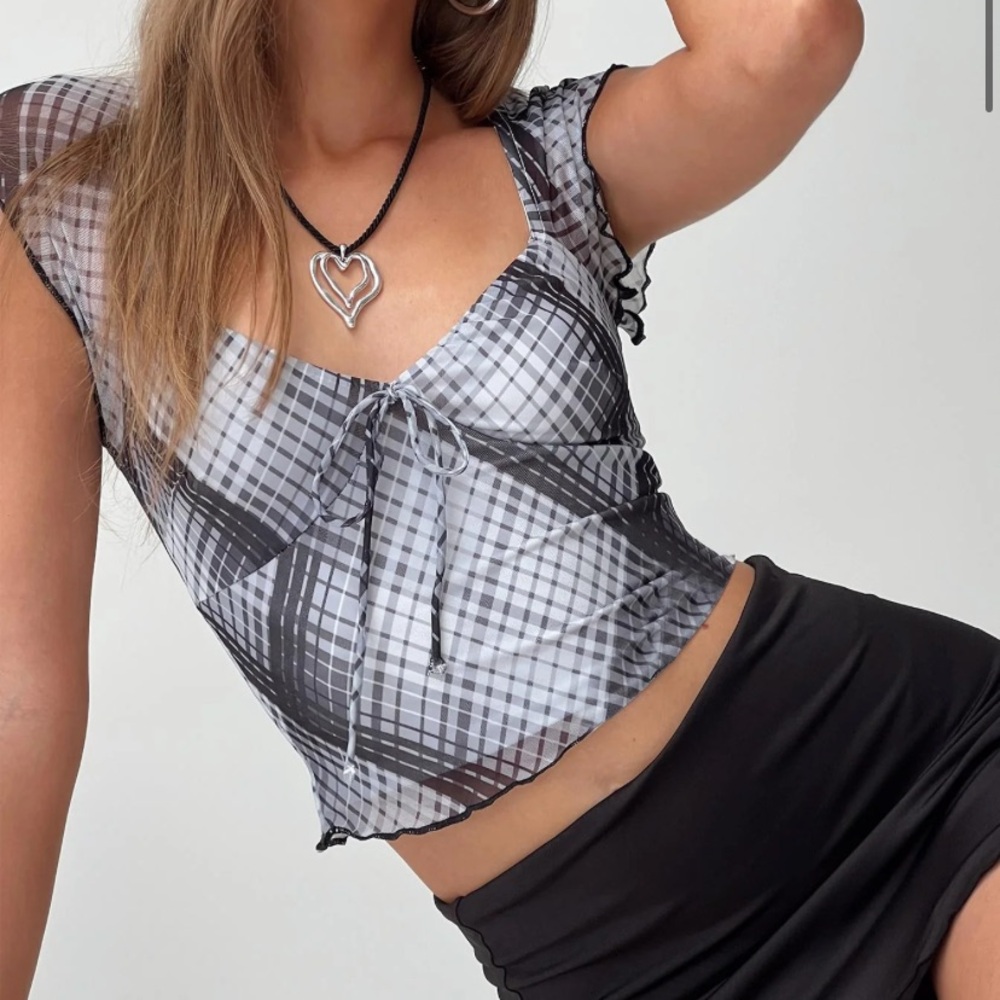 Princess Polly Women’s Kita Top Grey - Black White & Grey Checkered Blouse - 8
